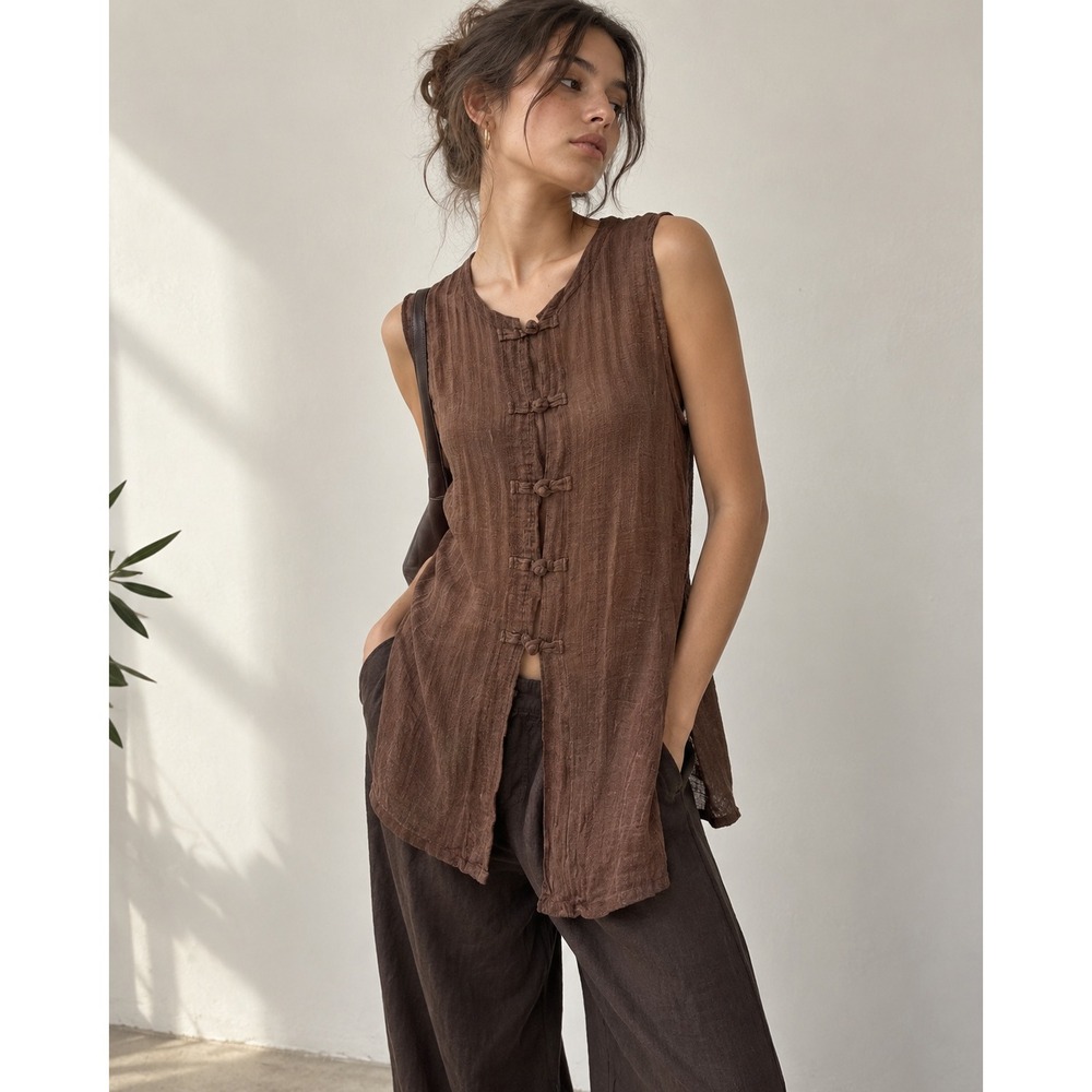 Unbranded Silk Tunic Women M/L Brown Knot Toggle Asian Inspired Minimalist Top